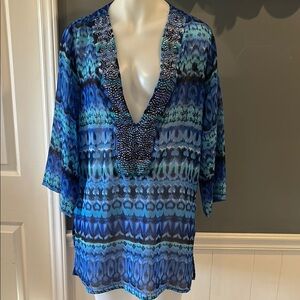 Blue Patterned Bathing Suit Coverup with Beaded Neckline